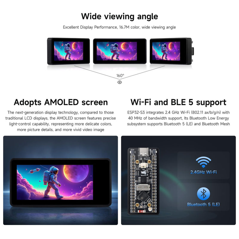 waveshare ESP32-S3 1.91inch AMOLED Display Development Board, 240×536, 32-bit LX7 Dual-core Processor, Up to 240MHz Frequency, Accelerometer and Gyroscope Sensor, with Touch Function