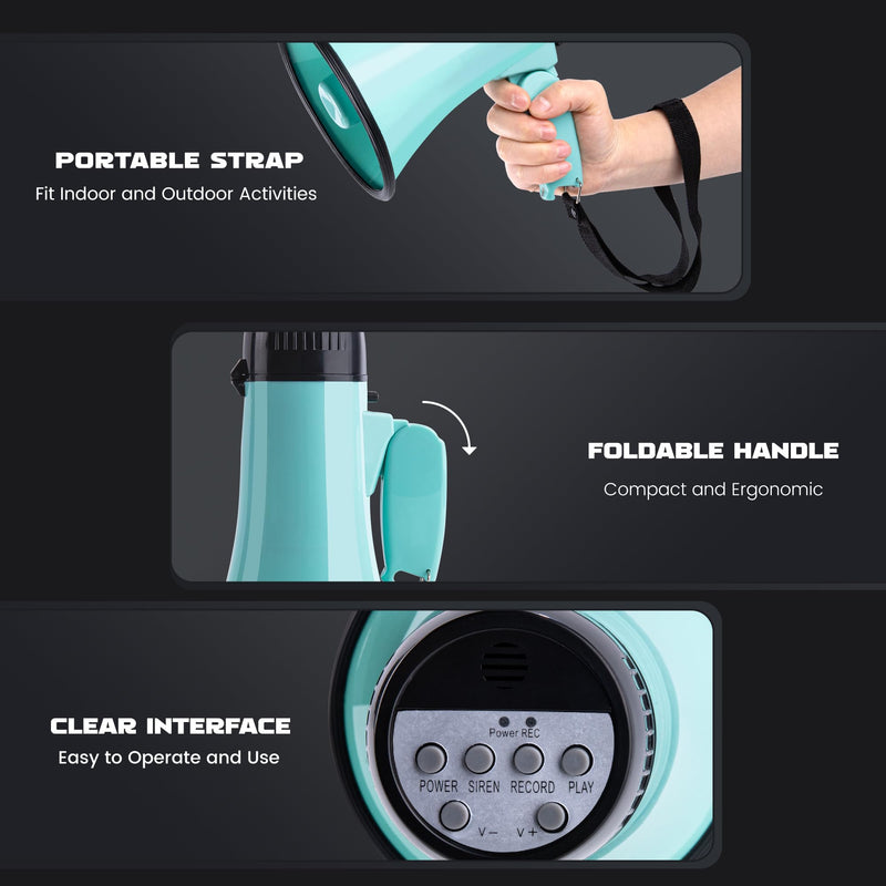 MyMealivos 20W Megaphone Bullhorn, Built in Siren & 240s Recording, 5.4"×8.6" Portable Megaphone with Volume Control Cover Up to 300 feet+ for Indoor and Outdoor Activities A Teal