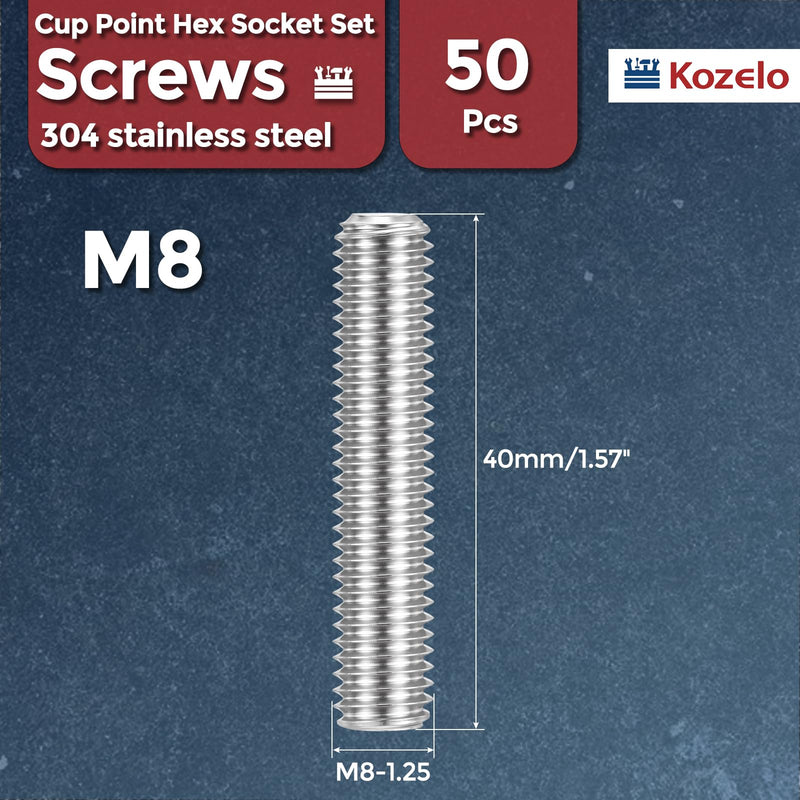 50pcs Cup Point Hex Socket Set Screws - [M8-1.25x40mm] 18-8 Stainless Steel Headless Allen Head Grub Set Screw with Hex Key Wrench for Door Handles, Bathroom Fixture & Towel Rack M8-1.25x40mm 50