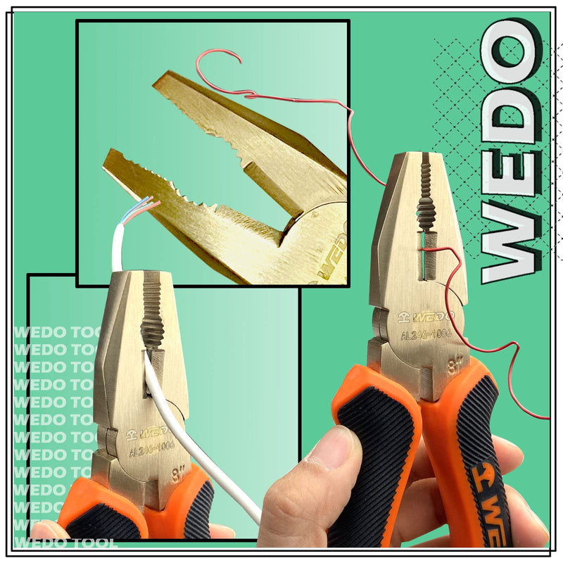 WEDO Non-Sparking Lineman's Pliers 6", Spark-free Safety Side Cutter Linemans Pliers, Combination Pliers, Wire Stripper, Crimper, DIN Standard, BAM & FM Certificate, Aluminum Bronze 6“