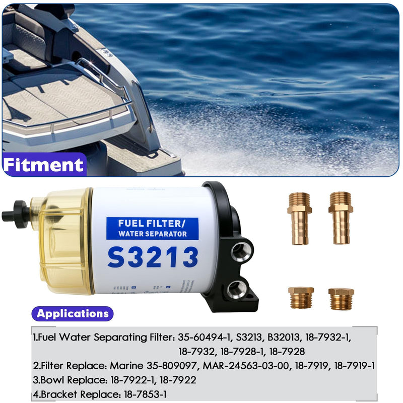 S3213 Fuel Water Separator Marine Kit Compatible with Yamaha and for Mercury Marine Outboard Motor with 3/8" Barb x 1/4" NPT Brass Fittings Replaces B32013, 35-60494-1, 18-7932-1, 18-17928, 35-809097