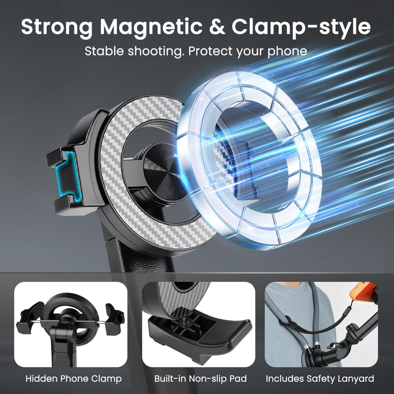 Magnetic Neck Mount for Phones, Neck Camera Mount for GoPro Insta360, Gray | 2-in-1 Magnetic & Clip-on Neck Phone Holder, Multi-angle Adjustment for Hands-free POV Shooting, with Chest Strap & 1/4" Head