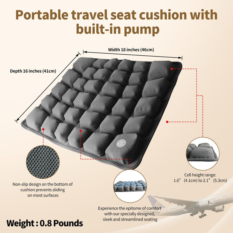 Air Inflatable Travel Seat Cushion with Built-in Pump & Carry Bag– Portable & Adjustable for Airplane, Car, Office – Coccyx, Sciatica & Tailbone Pain Relief (Gray) Gray Cushion With Silver Storage Bag