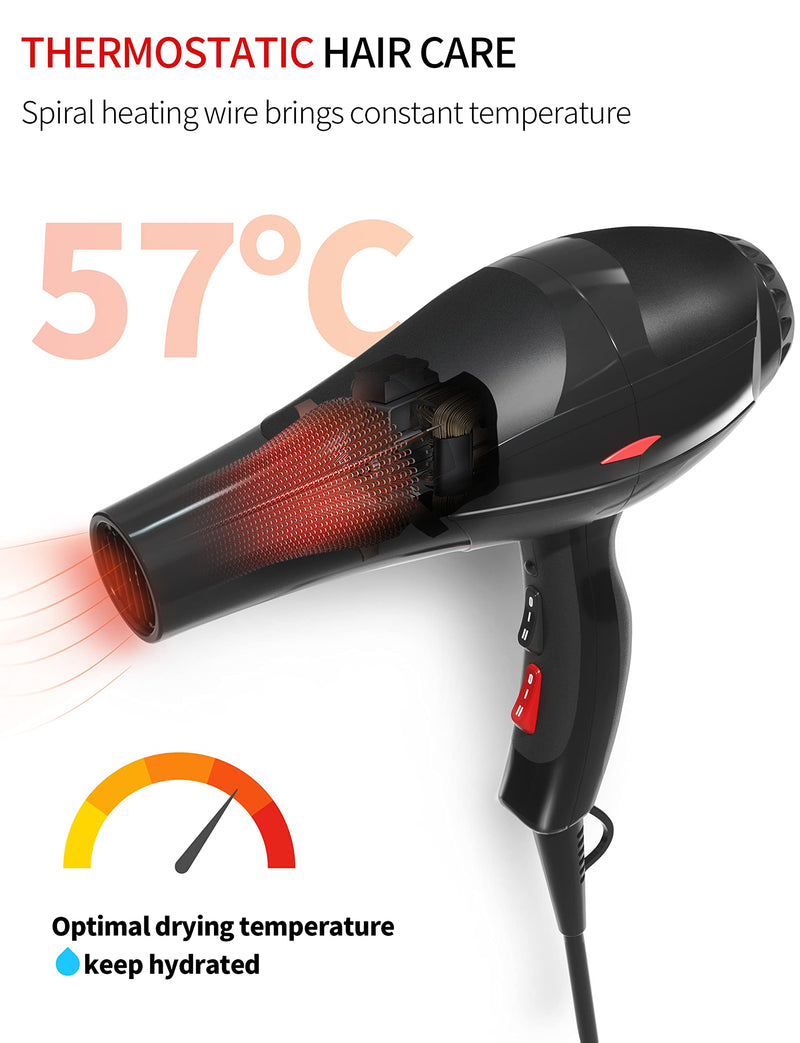 Professional Hair Dryer 3500W Ionic Hairdryer AC Motor Blue Light Anion with 1 Diffuser & 2 Nozzles Accessories, Overheating Protection 2 Speeds 3 Heat Settings for Women Men Home Salon