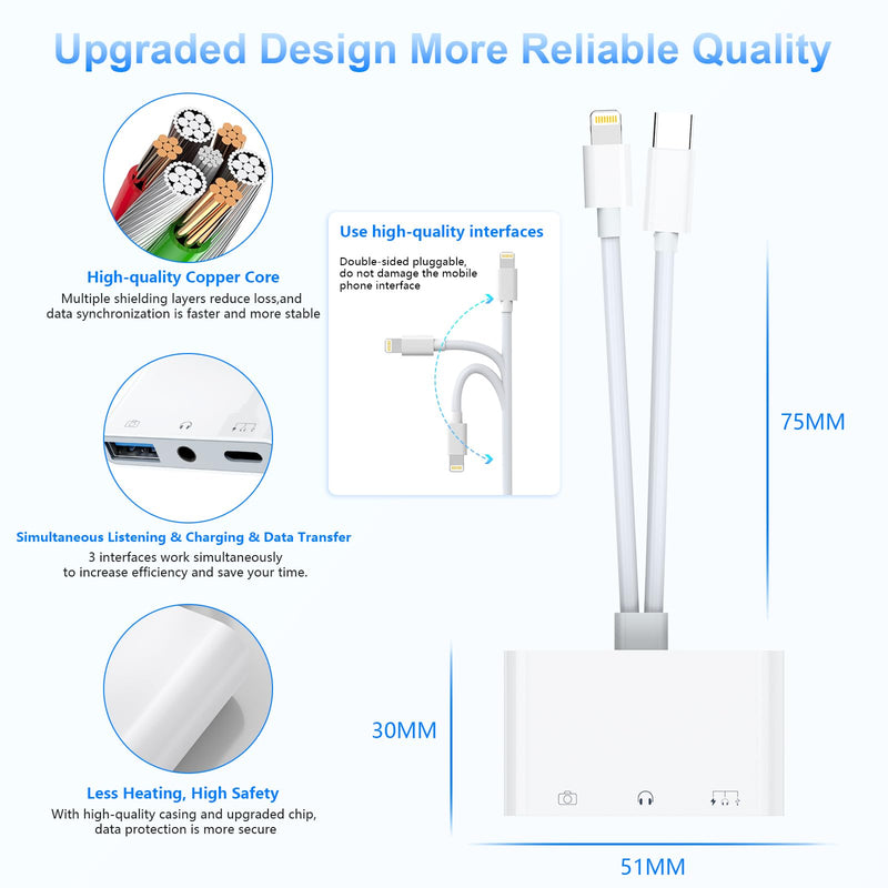 USB C Lightning to USB Camera Adapter with Charging Port [MFi Certified] USB C to USB OTG Adapter with USB+USB C Charging+3.5mm Headphone for iPhone 15/iphone/iPad to USB Flash Drive Reader/Keyboard USB Camera Adapter 1