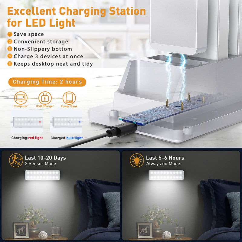 LED Closet Light with Charging Station, 5 Pcs Dimmer Rechargeable Motion Sensor Under Cabinet Lighting, Stick-Anywhere Night Safe Light Bar for Wardrobe,Kitchen 5 Pack with Stand White