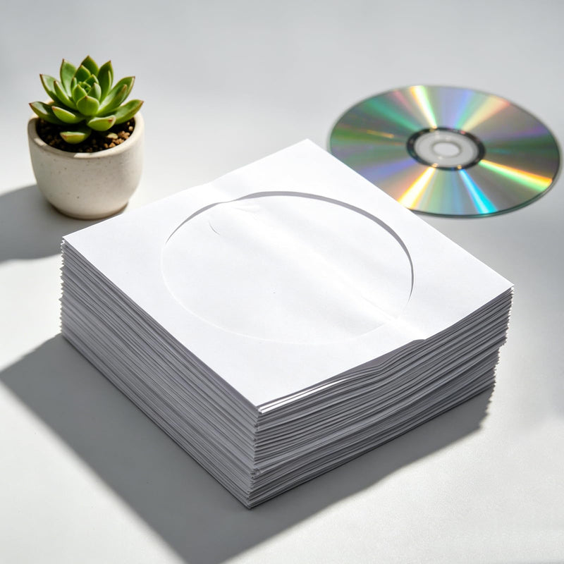 100 PCS Thick White CD/DVD Paper Sleeves with Clear Window and Flap, Dust-Proof Disc Storage Envelopes for CDs, DVDs, Music, Movies and Office Organization