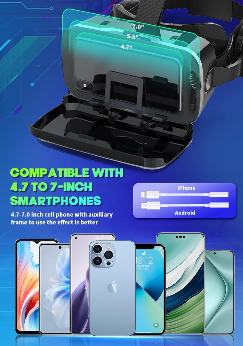 VR Headset for iPhone & Android, 120° Viewing Angle 3D Glasses with Aspherical Lenses & Headphone, Perfect for VR Videos and Mobile Games