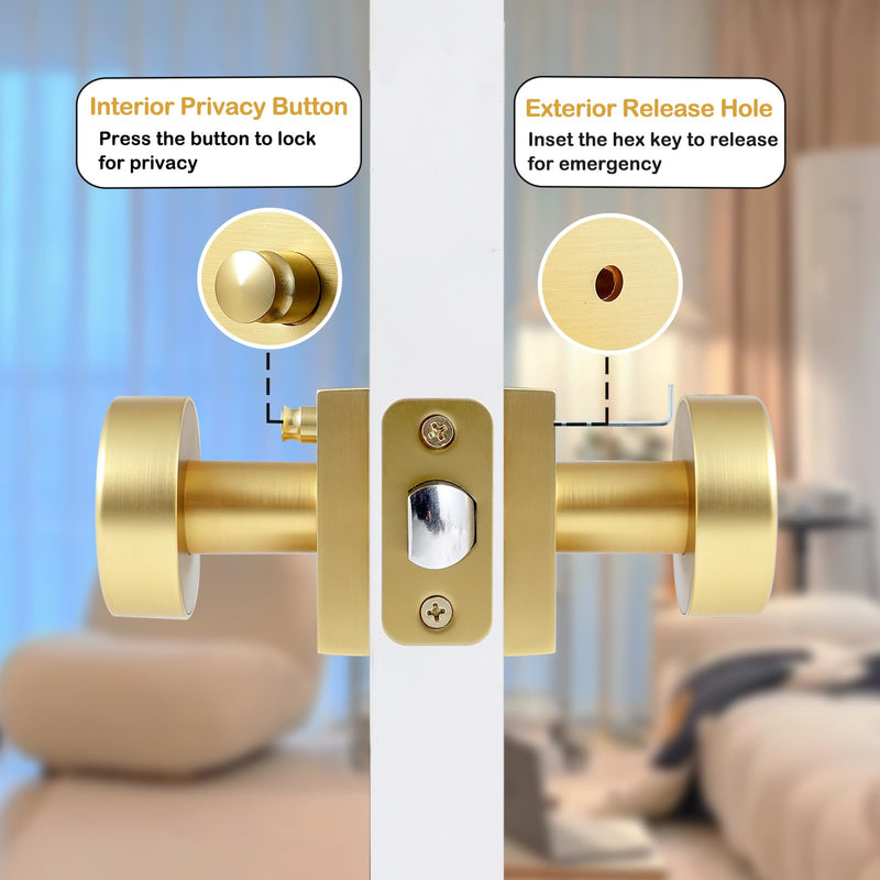 coolnews Gold Door Knobs Interior, Privacy Door Knob with Lock, Heavy Duty Square Modern Door Handle for Bedroom Bathroom, Satin Brass Brushed Gold