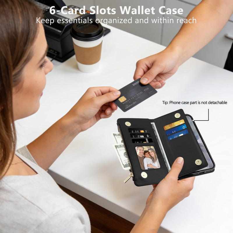 Vofolen for iPhone 17 Case Wallet with Card Holder RFID Blocking Black | Crossbody Strap, Leather Heavy Duty Shockproof Protective, Magnetic Clasp Zipper Pocket, Metal Ring, Wrist Strap Phone Case