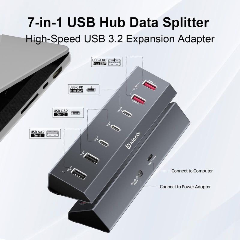 7 in 1 USB C Hub with 10Gbps Data Transfer, PD 45W & QC 18W Fast Charging | Ergonomic Tilt and Non-Slip Base, Powered USB Hub with 24V/3A Power Adapter for MacBook, PC and More(Gery) Gery 7 IN 1