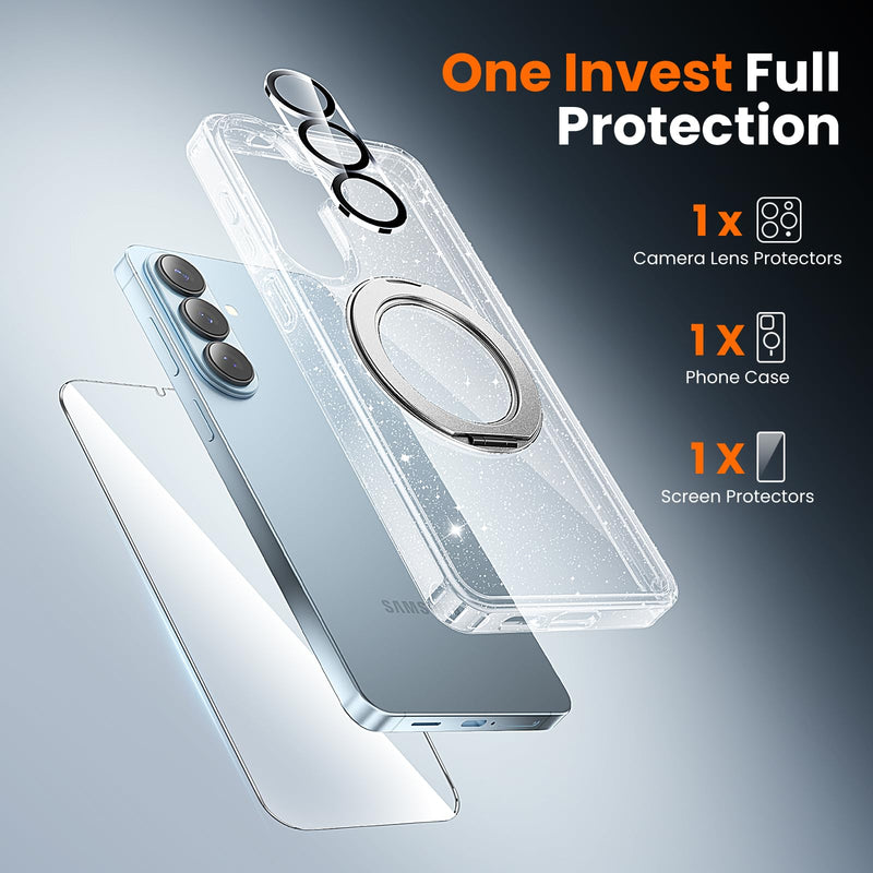 360°Ring Stand for Samsung Galaxy S26 Plus Case 6.7", Clear Glitter Stand | Includes Screen and Camera Lens Protectors*1,Fit for MagSafe, Anti-Yellowing & Scratch-Resistant Back A2-Clear Glitter Stand for S26 Plus