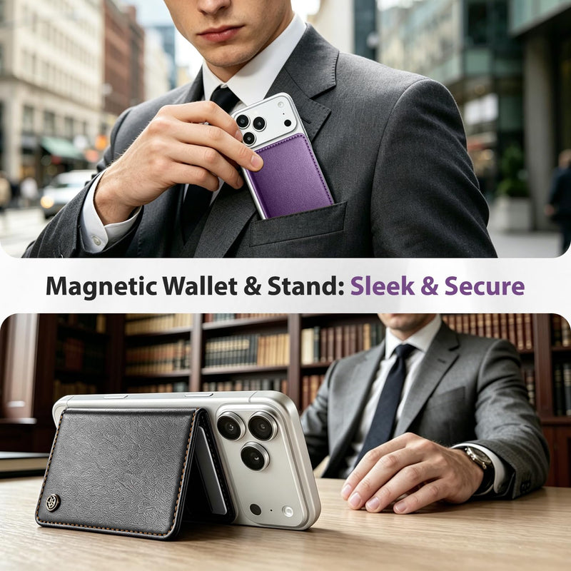 Magnetic Wallet for iPhone, Detachable Magnetic Card Holder Compatible with MagSafe, RFID Blocking Magnetic Phone Wallet with Kickstand for iPhone 17/16/15/14/13/12 Series, Purple