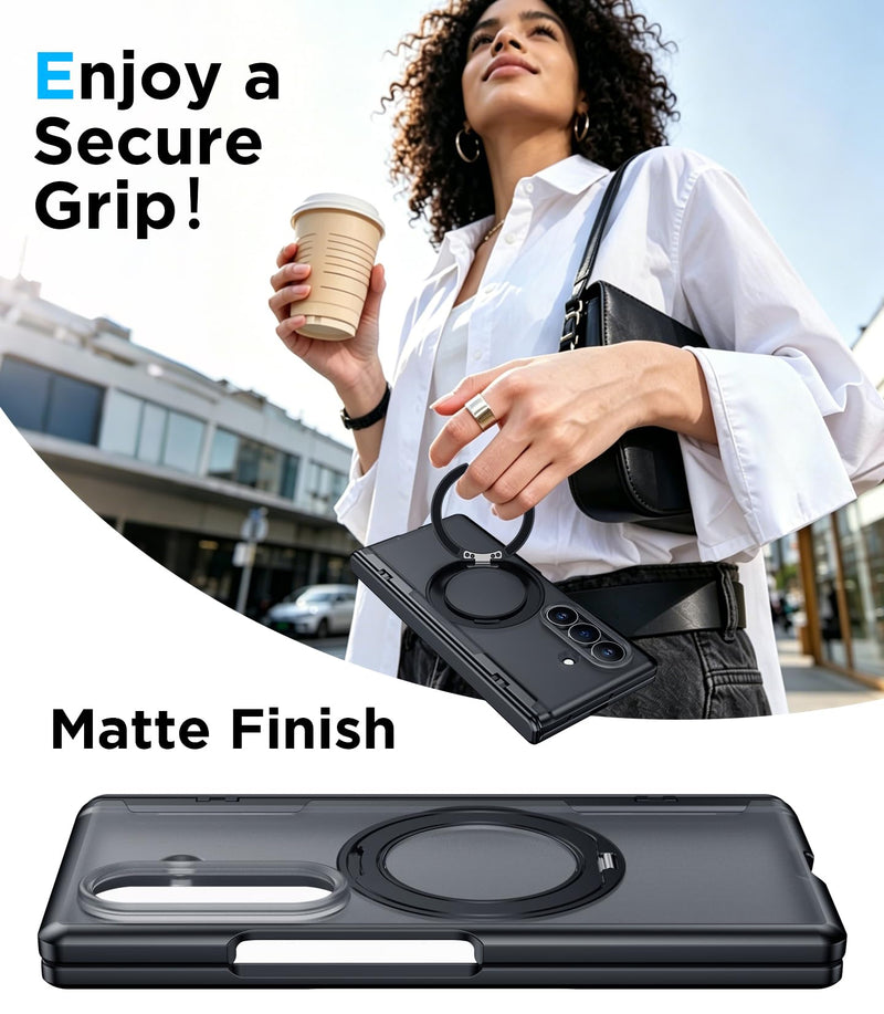 for Samsung Galaxy Z Fold 8 Ultra Case,[360°Rotatable Magnetic O-Ring Stand & HD Screen Protector][Compatible with MagSafe] Translucent Matte Shockproof Phone Case for Z Fold 8 Ultra,Black Black for Samsung Galaxy Z Fold 8 Ultra