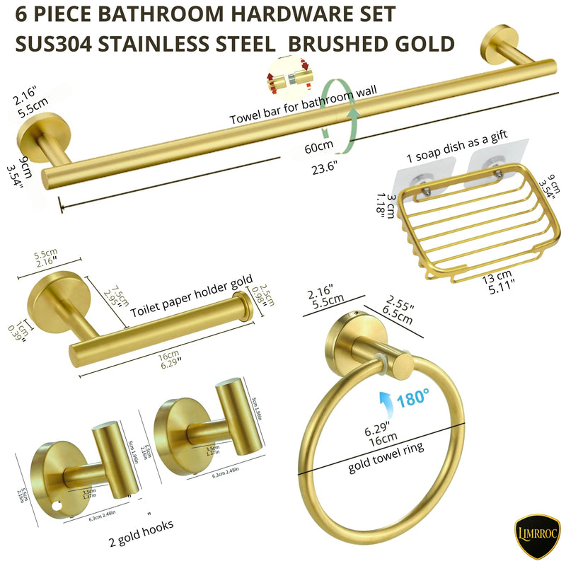 Brushed Gold Bathroom Hardware Set, 6 Piece Gold Bathroom Accessories Set, 24 Inch Towel Bar, SUS304 Stainless Steel, Towel Ring, Hooks, Toilet Paper Holder, Gold Towel Rack