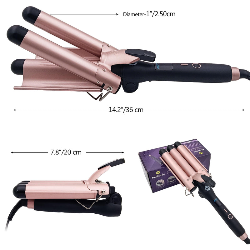 3 Barrel Hair Curler, 25mm Ceramic Tourmaline Hair Curling Iron Waver Wand with LCD Temperature Display, Fast Heating Foldable Crimpers for Travel (Gold) Gold