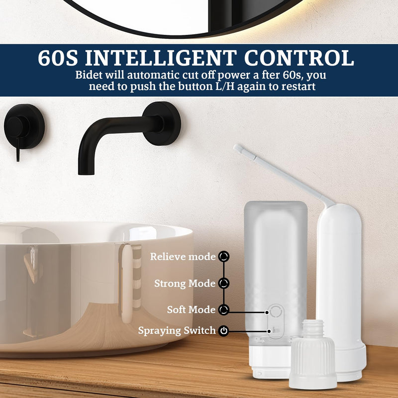 ( 320ml ) PureStream Portable Bidet – Large Capacity, USB-C Rechargeable Handheld Sprayer for Travel, Bottle Adapter, 180° Foldable Nozzle, Adjustable Pressure Modes, Waterproof, for Men and Women White