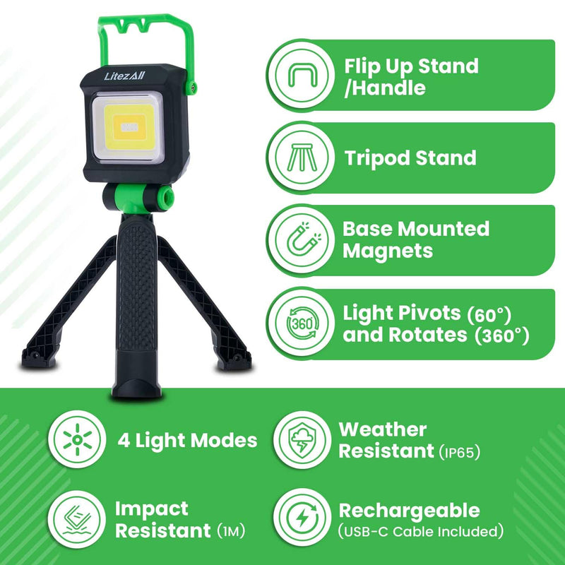 LitezAll 2000 Lumen Rechargeable Work Light with Stand – Tripod Light, Tower Light, Work Lights on Stand with UV Mode, Adjustable Folding Base