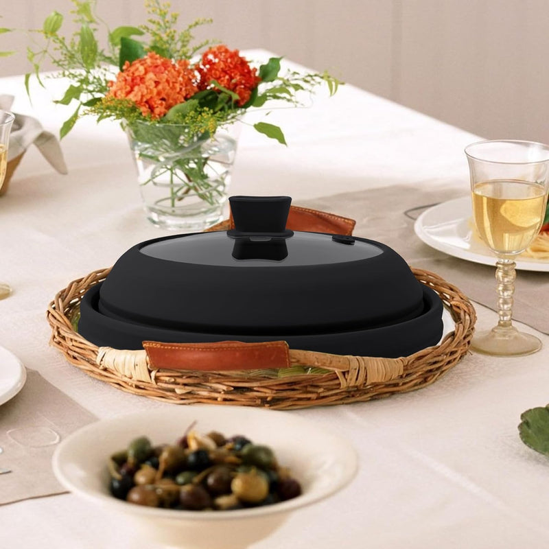 11.8 Inch Silicone & Glass Microwave Splatter Cover, Non-Plastic Collapsible Vented Microwave Food Cover With Heat Resistant Handle, Universal Fit Plates and Bowls, Black