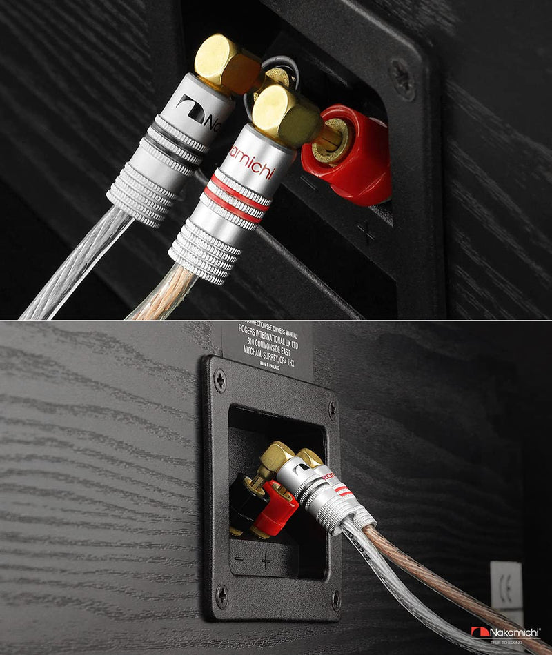 Nakamichi Excel Series 24k Gold Plated Right Angle Banana Plug 12-18 AWG Gauge Size 4mm for Speakers Amplifier Hi-Fi AV Stereo Home Theatre Audio Wire Cable Screw Connector, 4 Pcs (2-Pairs) 4 Pcs (2-Pairs)