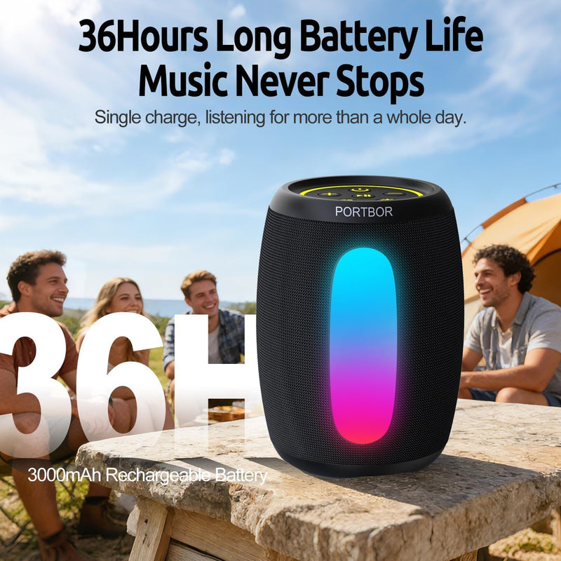 Portable Bluetooth Speaker, School Supplies: Powerful Stereo Sound, 36H Playtime/IPX5 Waterproof/8 Light Modes/Wireless BT5.3/TWS Pairing, for Outdoor/Beach/Camping/Travel/Party/Home, Birthday Gifts Black