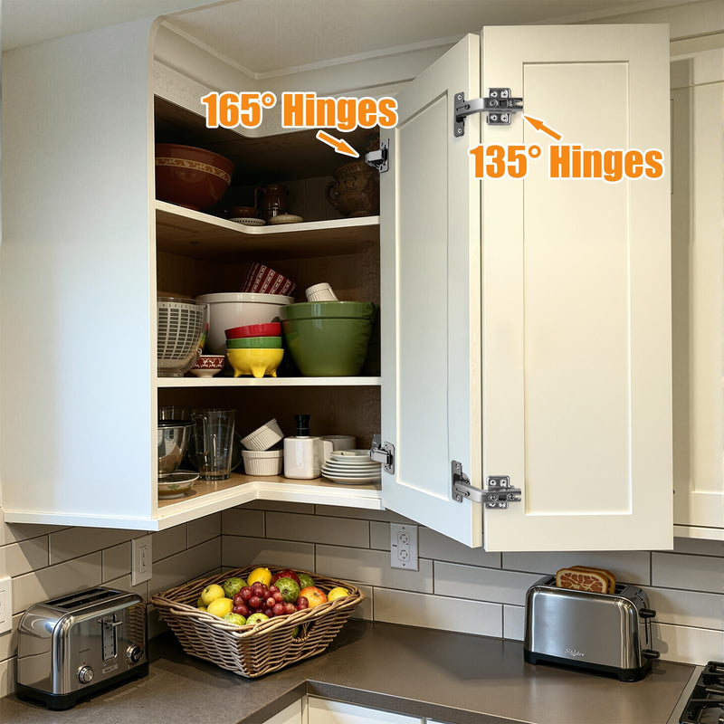 HBL' 165° & 135° Soft Close Cabinet Hinges for Lazy Susan Bifold Doors, Concealed European Hinges, Full Overlay, Adjustable Hinge, 2 x 165° + 2 x 135° Hinges for Pie Cut Corner Cabinets 1 Set
