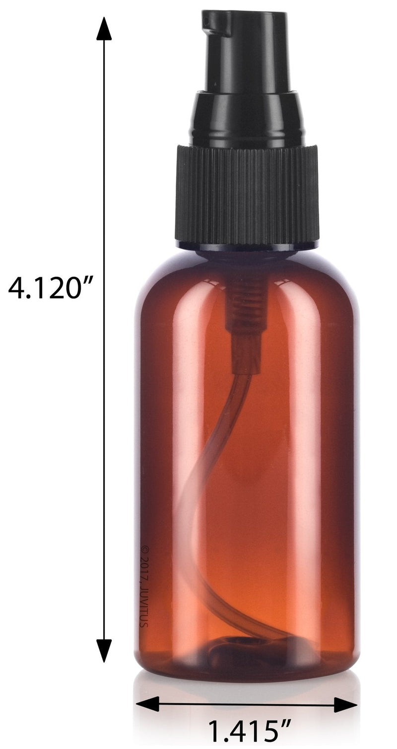 JUVITUS 2 oz Amber Boston Round Plastic Bottles (BPA Free) with Black Treatment Pump (24 Pack)