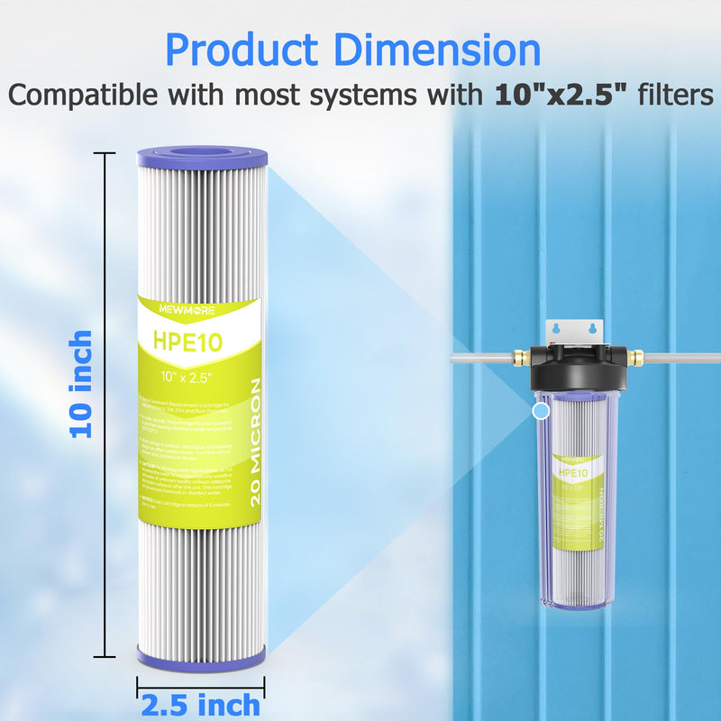 20 Micron Whole House Water Filter Cartridge, Pleated Sediment Filters for Well Water, Universal Replacement for Any 10 inch RO Unit - 10" x 2.5" Cartridges - Pack of 6 6 Pack 20 Micron