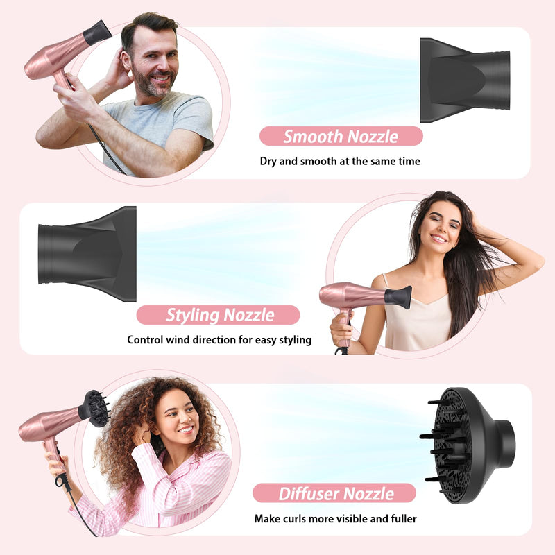 Hair Dryer, Jooayou 3000W Professional Ionic Hairdryers for Women Men, Fast Drying Blow Dryer with Diffuser for Salon Home Travel, Perfect for Gifts Rose Pink