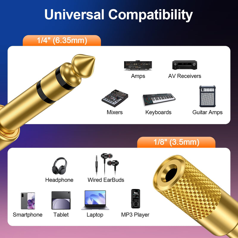 16-Pack 1/4'' to 1/8''(6.35 Male to 3.5 Female) Guitar Audio Jack Adapter | Thickened Gold Plated Hi-Fi Stereo Audio Converter for Guitar Amplifier, Piano, Speaker, Mixer, Headphone, Keyboard, Phone