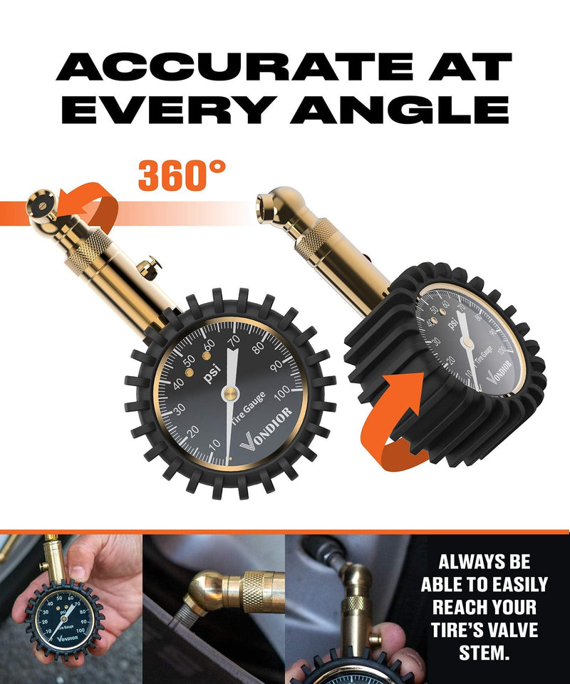 Vondior Tire Pressure Gauge (0-100 PSI) Certified ANSI Accurate with Large 2 Inch Easy to Read Glow Dial, Low - High Air Pressure Gauge. Tire Gauge for Car and Trucks Tires 0-100 PSI Tire Gauge w/o Hose
