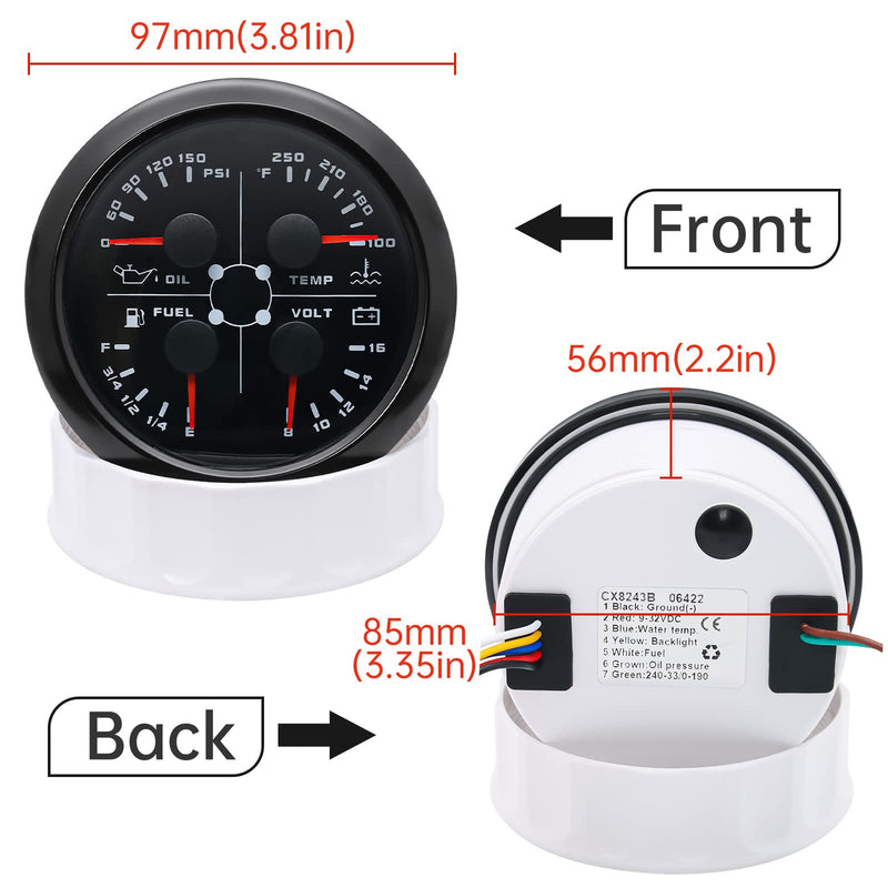 ARTILAURA AUTO Gauge 4in1 Multifunction Meter- Oil Pressure/Water Temp/Fuel Level/Voltmeter 85mm 3 3/8" Automotive Boat Gauge for Car Marine(Black) All Black 4in1 Gauge