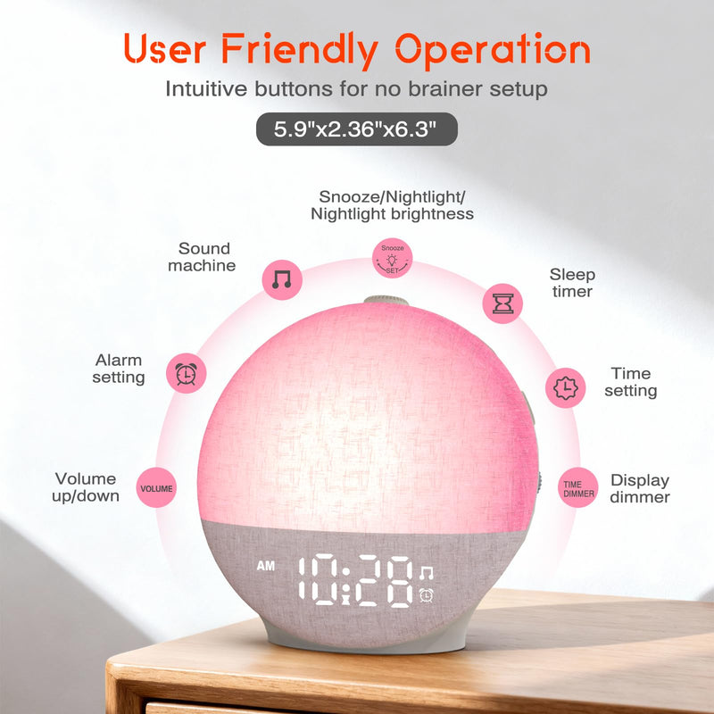 Sunrise Alarm Clock White Noise Machine, Sunset Simulation, 30 Soothing Sounds, 12 Color Night Light, Dimmable Sunlight Lamp Wake Up Light, Digital Clock for Kids Teens Heavy Sleepers Adults Bedrooms Putty