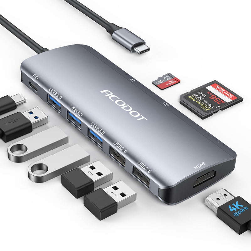 USB C Hub, Acodot 9 in 1 Type C Hub Adapter Portable Docking Station Aluminum Dongle Compatible with MacBook Pro/Thunderbolt 3 Laptops of Type C Devices, with 4K HDMI/ 5 USB Ports/ 100W PD/SD/TF 4K30HZ