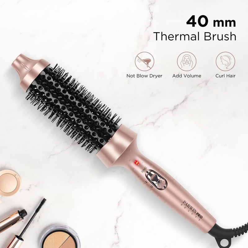 Thermal Brush, 1.5 in/40 mm Heated Round Brush, Ionic Hot Brush | Not for Blow Drying, Fast Heating, Smoother Curls, Dual Voltage, 60-Minute Auto Shut-Off, Gold 40mm