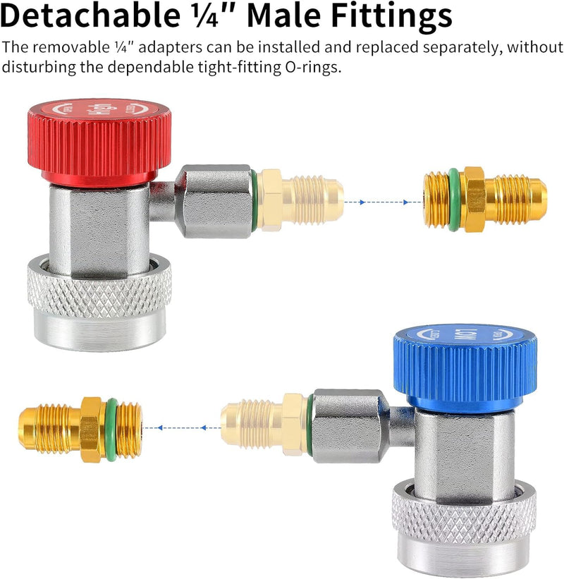 R134a Quick Coupler Adapter, Adjustable R134a Adapters and AC Hose Fittings, HP and LP Connectors for R134a Car AC System Evacuation Recharging and More, 1/4" Flares,2 Set