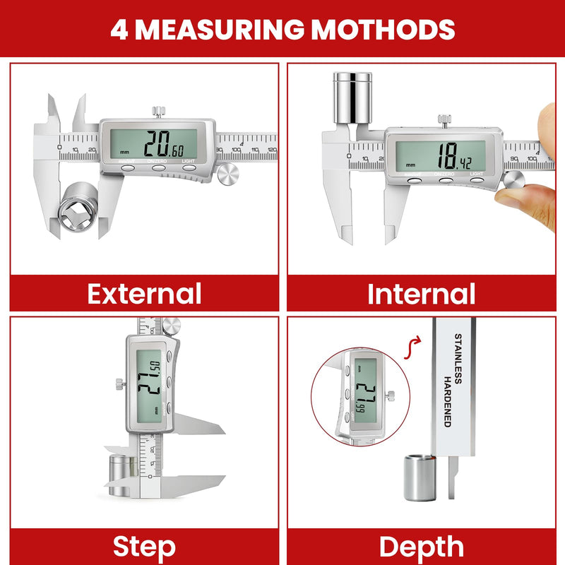 Digital Caliper 6 Inch, Rechargeable Calipers with Backlight LCD Screen, Stainless Steel Caliper Measuring Tool, Auto-Off Micrometer, Inch/MM/Fraction Conversion for 3D-Printing/DIY/Household 6In