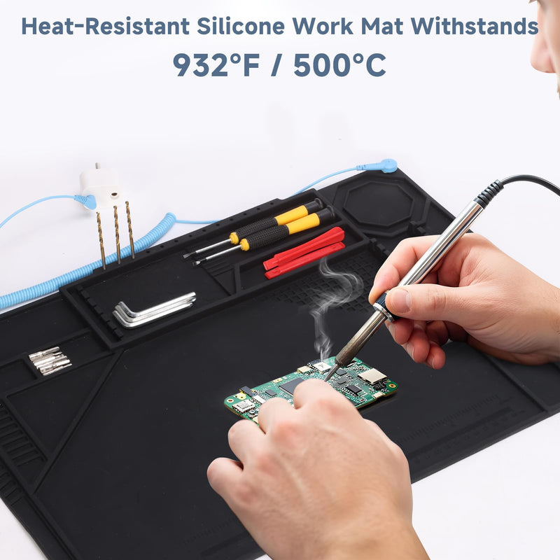 Silicone Soldering Mat with Soldering Stand, 20x14 Inch ESD Anti Static & 932°F Heat Resistant Workbench Mat for Electronics Repair, PCB, Phone, Watch, PC Building