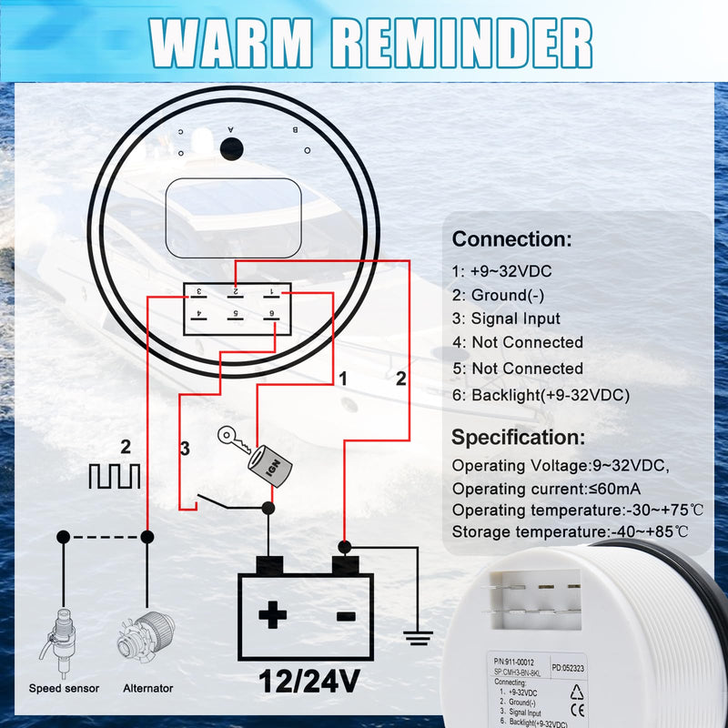 Geloo 85mm Marine Tachometer Gauge Waterproof Boat RPM Tachometer Outboard 0-8000 RPM Tacho Meter for Car Truck 8000RPM Tacometro Meter with LCD Digital Hour Meter Red Backlight 12V/24V Black