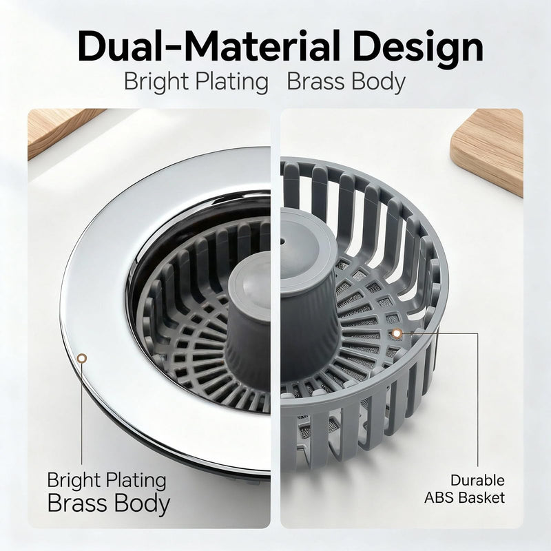Kitchen Sink Stopper, 3 in 1 Pop Up Kitchen Sink Drain Strainer, with an Extra Basket Strainer, Sink Drain Stopper for US Standard 3-1/2 Inch, Brass Material Electroplate (Silver 2pcs) Silver 2pcs