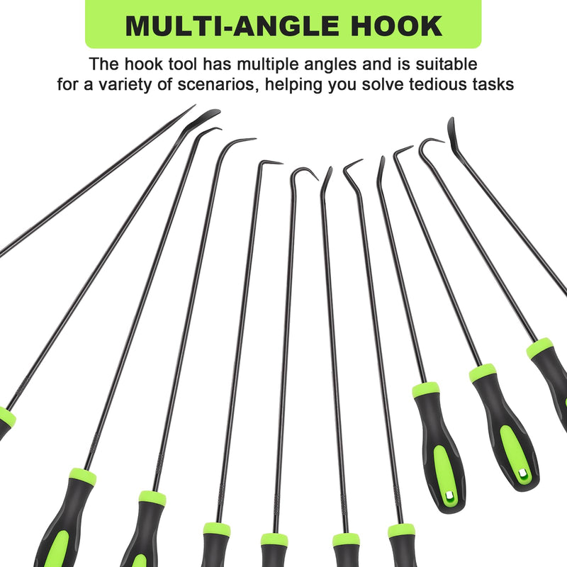 12PCS Automotive Hook and Pick Tool Set,Long & Mini Precision Puller Remover Tool Kit for Auto O-Ring,Seal & Gasket Removal,Mechanic Professional Tools,Car Repair Essentials Green-12 Pcs Hook and Pick Tool Set