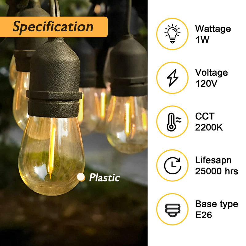 Jslinter 48-Pack LED 1W String Light Bulbs, S14 Plastic Shatterproof Edison Vintage Style Replacement 1 Watt Outdoor Light Bulbs 2200K, Waterproof, Warm White Equivalent to 11w, e26 Base 48 Count (Pack of 1) Warm-white