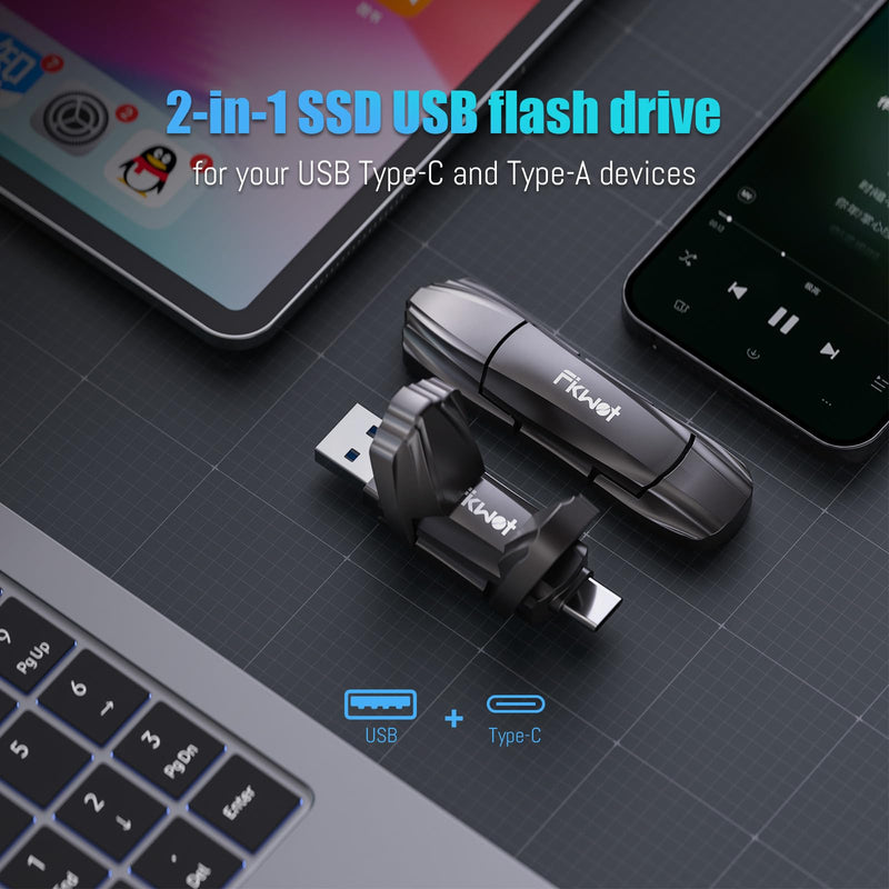 External SSD USB Flash Drive 256GB, Up to 550MB/s 2-in-1 Type C+ USB A USB3.2 Gen2 Solid State Thumb Drive SSD Stick for iPhone 15/16/Android/Windows/Mac/PC/Laptops FU386-550MB/s