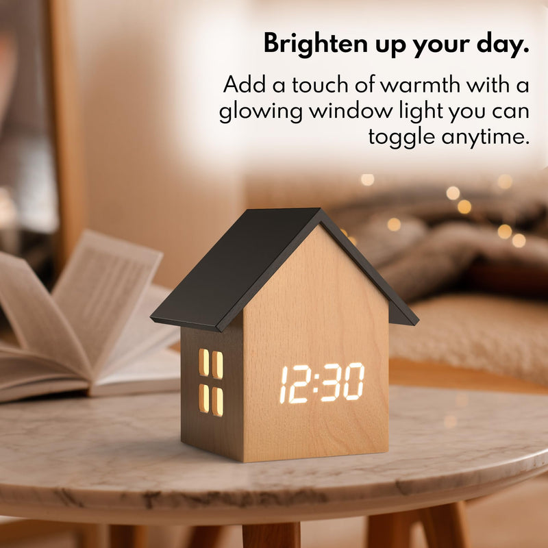 Driini Digital House-Shaped Alarm Clock with Temperature Display (Light Wood) – Modern Aesthetic - Cute Cube Frame and White LED Dimmer - Perfect Small Desk Clock for Bedside Table or Bedroom Mantle Light Wood; Black Roof