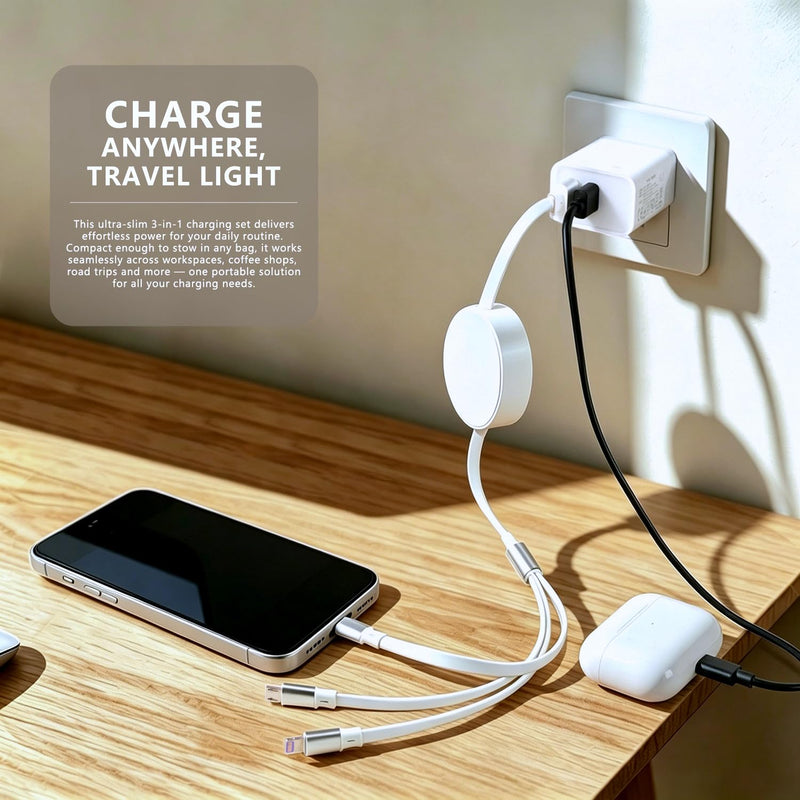 PD 45W USB Dual Port charger with 3-in-1 Retractable Cable | Dual USB-C and USB-A ports for controllers, gaming headsets, USB-C handheld consoles and everyday mobile devices