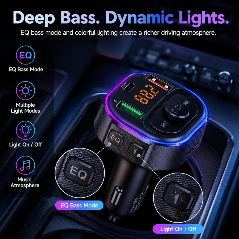 Fm Transmitter Bluetooth Car Adapter, Charger Daul USB & Type C | FM Transmitter for Car PD 30W Fast Charging Wireless Music MP3 Player, Audio Receiver, Hands-Free Call Cigarette Lighter Plug