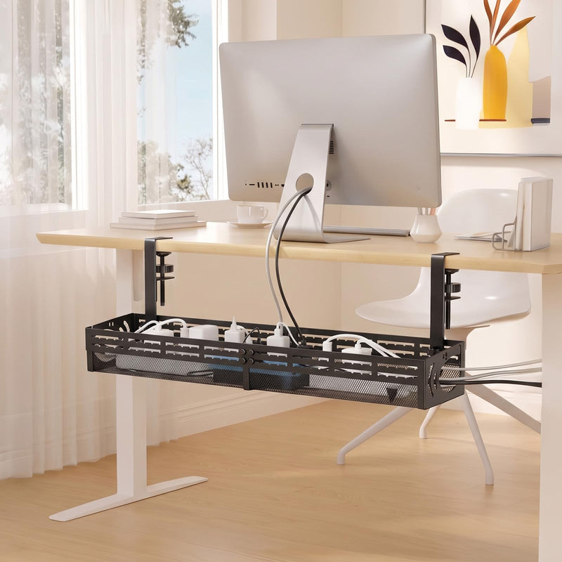 Under Desk Cable Management Tray, 15-25in Retractable Metal Cord Organizer Rack, No Drill Desk Tray with Clamp, Anti-Slip Pads Cable Tray for Home, Office, Gaming, Standing Desks