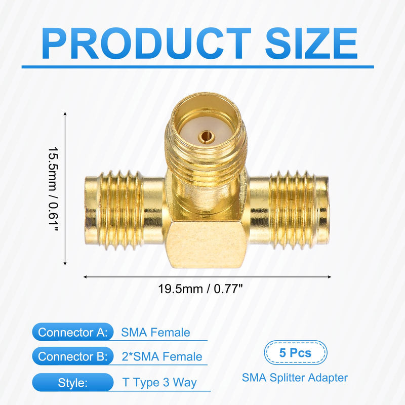 MECCANIXITY 5Pcs 3 Way SMA Splitter Adapter SMA Female to Dual Female Adapter Converter 50 Ohm for Antennas, Signal Monitoring, Test Bench, Router, Car Navigation, Gold