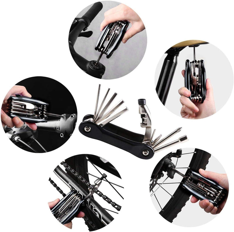 YBEKI Bike Tire Repair Kit with 210PSI Mini Pump & 10-in-1 Multi-Tool | Includes Chain Breaker, Glueless Patches, Tire Levers & Portable Bag | for Road, Mountain & BMX Bicycles Black