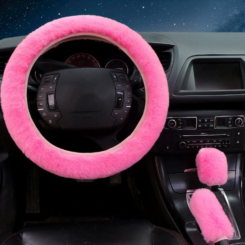 7PCS Set car Interior Aesthetic Accessories, Fluffy 15 inch Steering Wheel Cover, armrest pad, seat Belt Cover,Gear Shift Cover, Fit Girly car Accessories for Women. Pink